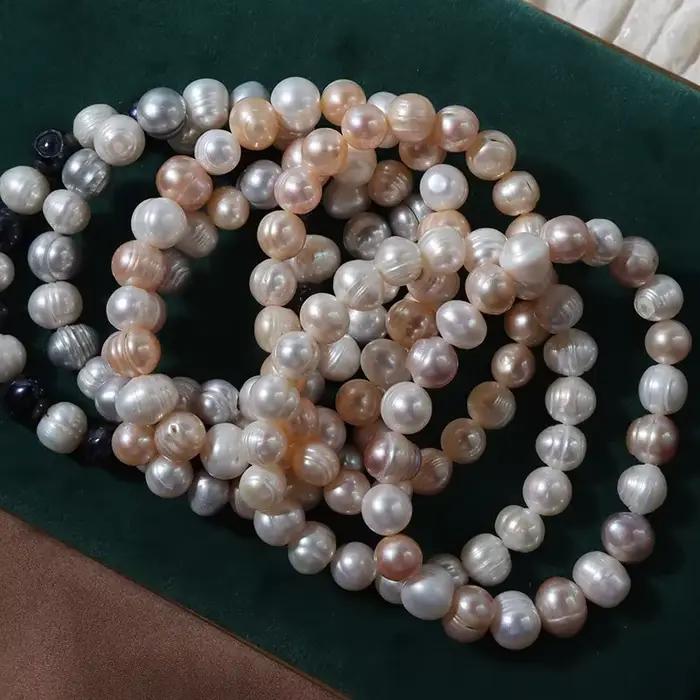 Bracelet de perles d'eau douce naturelles multicolores, 9mm, breloque en perles baroques, élastique, bijoux fins, cadeaux d'anniversaire et de mariage