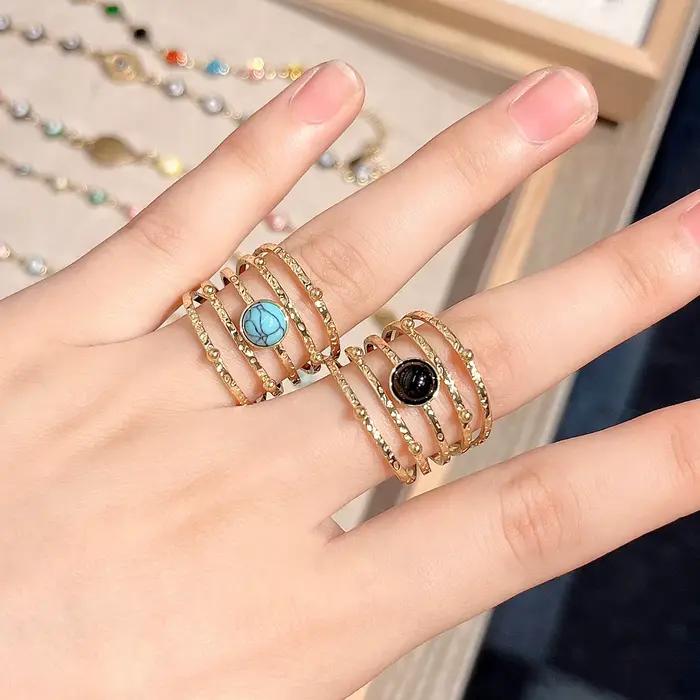 Bagues rétro imperméables en acier inoxydable pour femmes, uniques, de haute qualité, style bohémien, pierre naturelle, larges, ouvertes, bijoux, cadeau de fête, 2025