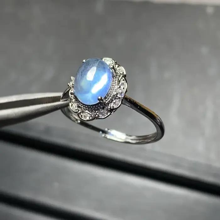 Bague aigue-marine naturelle réglable pour femmes, bijou romantique et mignon pour parties et cérémonies, pierre unique et éclat subtil