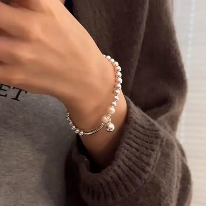 Bracelet en argent Sterling 925 avec perles rondes asymétriques punk pour femmes et filles bijoux mode ajustables pour soirées et événements spéciaux