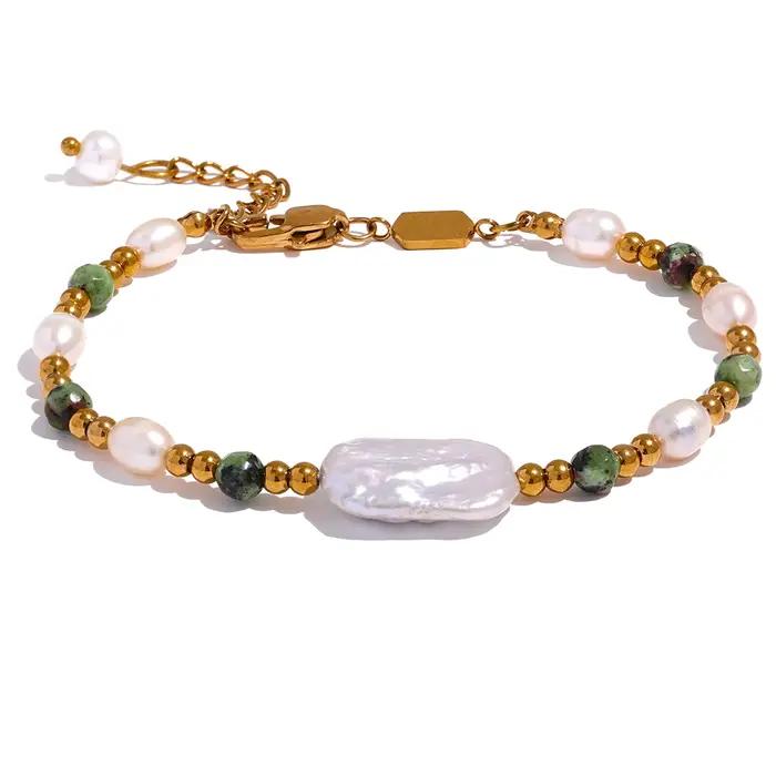 Yhpup luxe Baroque naturel Epidote pierre perles d'eau douce à la main en acier inoxydable perles Bracelet Bracelet PVD bijoux femmes