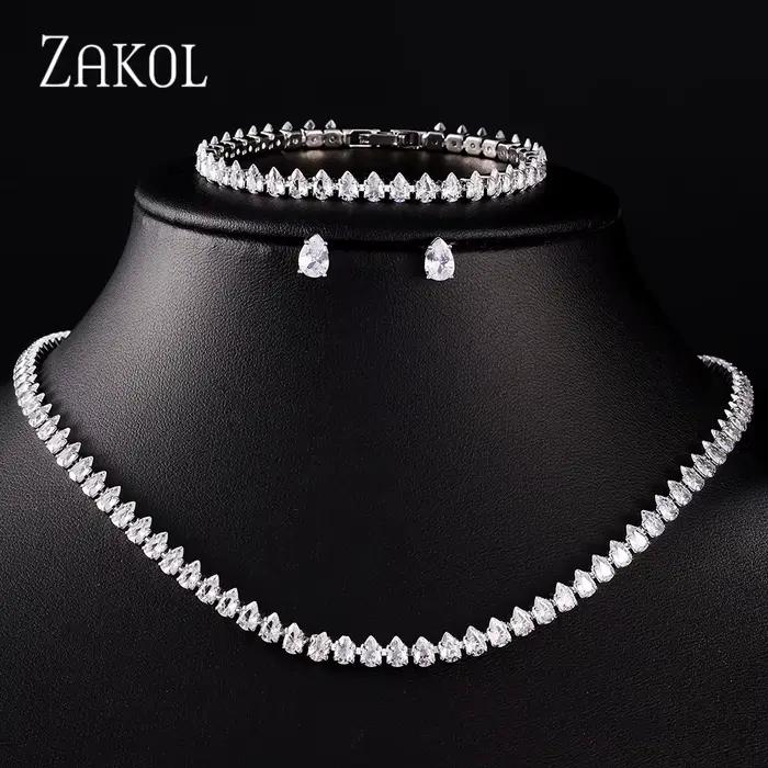 ZAKOL luxe goutte d'eau zircone ensembles de bijoux pour les femmes scintillant collier boucles d'oreilles Bracelet