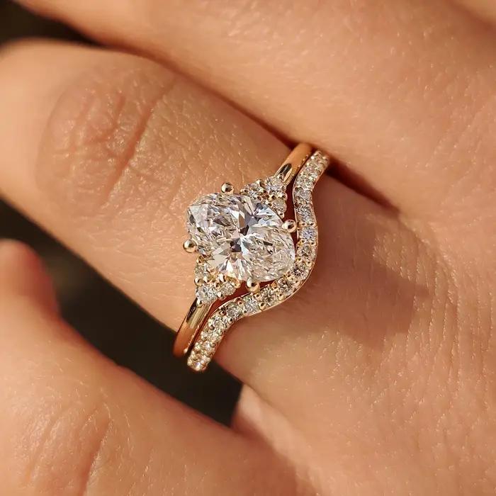 Bague de fiançailles en or massif 18K/14K avec diamant ovale de laboratoire 2.0CT, ensemble de bagues de mariage demi-éternité, certifié IGI E VS1