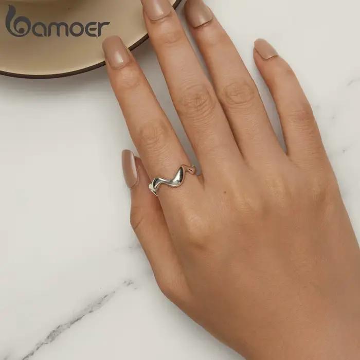 BAMOER-Bague en argent regardé 925 pour femme, vague minimaliste, larme, haute polie, confort ajusté, bague réglable