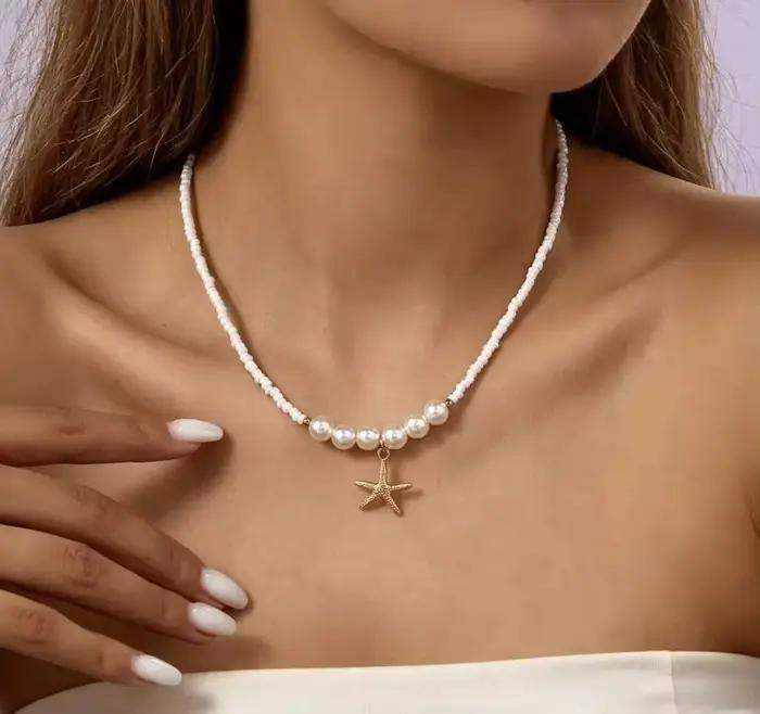 Collier Bohème Coquillages et Perles pour Femme, Style Océan Estival, Pendentif Étoile de Mer, Ras-de-cou, Bijou de Vacances, Cadeau