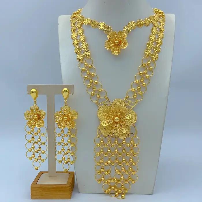 Parure de bijoux de luxe Dubaï : collier long fleuri et boucles d'oreilles pour femme, couleur or 24