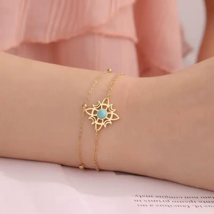 LIKGREAT-Bracelet double noeud de sorcière celtique pour femme, breloque croissant de lune, pierre bleue, acier inoxydable, bijoux, cadeau de Noël