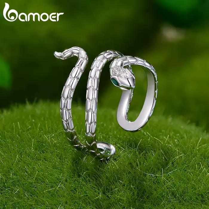 BAMOER bague serpent plaquée or blanc avec oeil émeraude CZ, bague de déclaration réglable pour les femmes bijoux de conception de serpent Unique YIR245