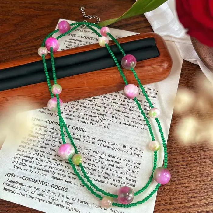 Collier Long élégant en Jade vert et pierres précieuses roses pour femmes