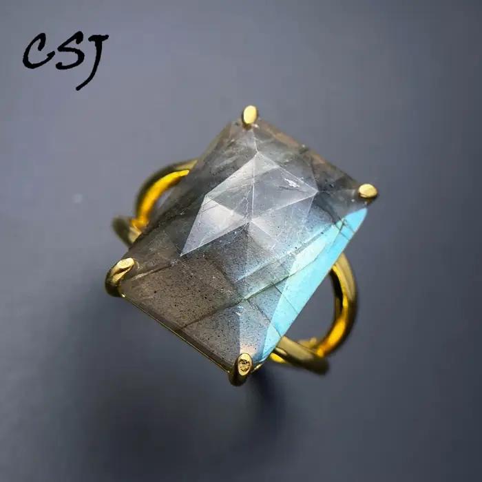 Bague Labradorite naturelle élégante or jaune 18 carats grande pierre goutte d'eau pour femmes occasions spéciales anniversaires cadeaux bijoux à la mode