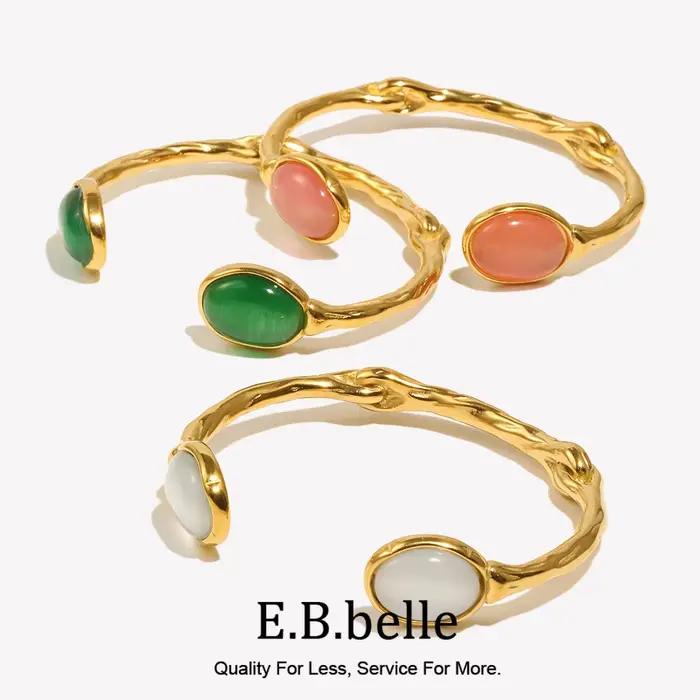 E.B.belle – Bracelet ovale en pierre naturelle, ouvert, irrégulier, en cristal d'agate verte, plaqué or 18 carats, en acier inoxydable, pour femmes