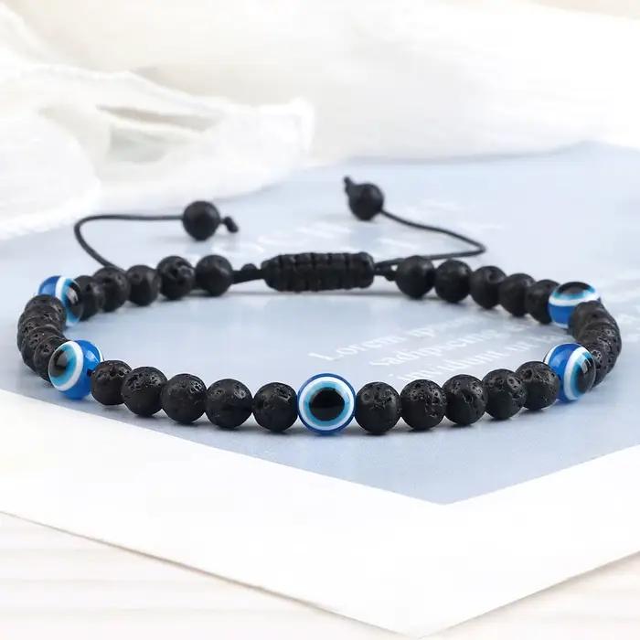 Mode turc mauvais œil Bracelets 4mm noir pierre naturelle perles tressé à la main hommes obsidienne Bracelet bijoux Pulseras Homme