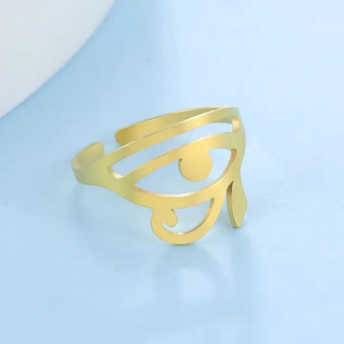Bague Oeil d'Horus en acier inoxydable avec revêtement plaqué or pour femmes, bijou mythique, cadeau d'anniversaire, alliance symbolique pour toutes les occasions