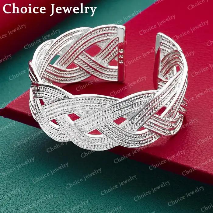 Bracelet ouvert tressé en argent Sterling 925 pour femmes