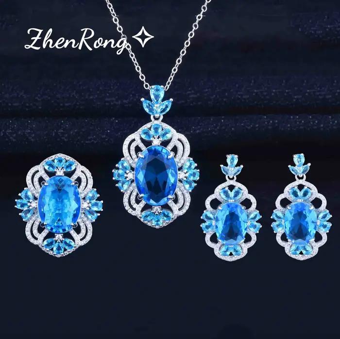Foydjew Reykjavik esthétique luxe Banquet Simulation aigue-marine ensembles de bijoux mer bleu pierre pendentif colliers boucles d'oreilles bagues