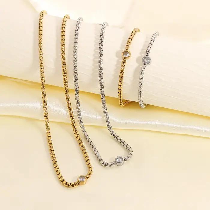 Ensemble de bracelet et collier en acier inoxydable rond à cristaux simples