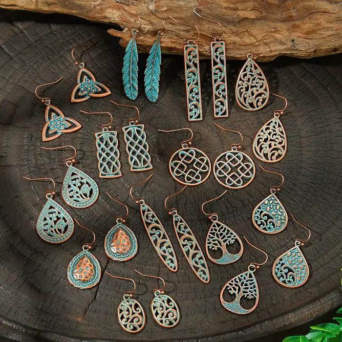 Boucles d'oreilles creuses ethniques pour femmes, boucles d'oreilles en métal bronze antique, boucles d'oreilles en forme d'arbre géométrique, boucles d'oreilles rondes, bijoux indiens, nouveau