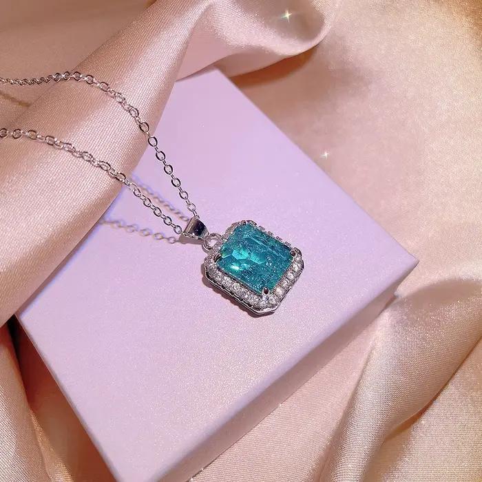 Ensemble de trois bijoux en argent 925 pour femmes, pendentif carré Paraiba émeraude, collier, boucles d'oreilles, bague réglable, bijoux de fête