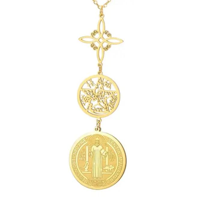 Collier Triple Protection avec Nœud de Sorcière Pentagramme Tétragrammaton Saint Benoit Symbole Spirituel Acier Inoxydable Amulette Bijoux Occasions Spéciales
