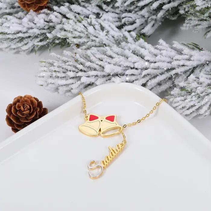Collier Personnalisé Plaqué Or avec Cloches de Noël et Nœud Rouge Bijoux Festifs pour Femmes Occasions Spéciales
