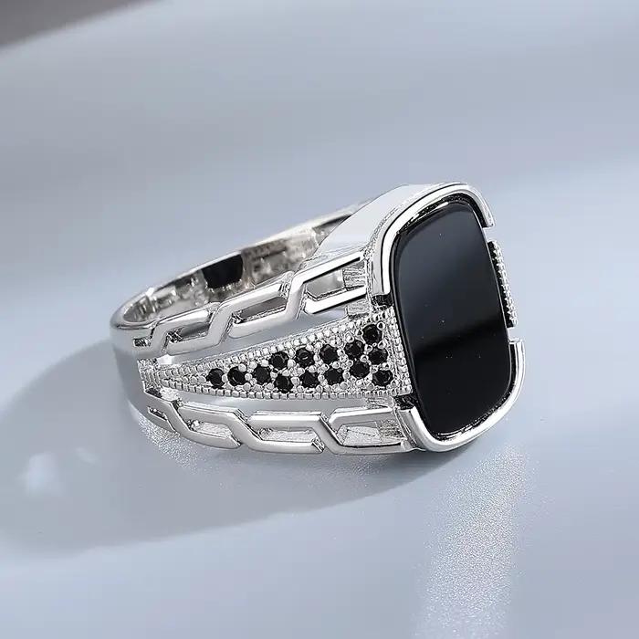 Bague en Argent Sterling 925 Sertie d'Agate Noire Élégante Cadeau de Fête pour Femmes Occasions Spéciales