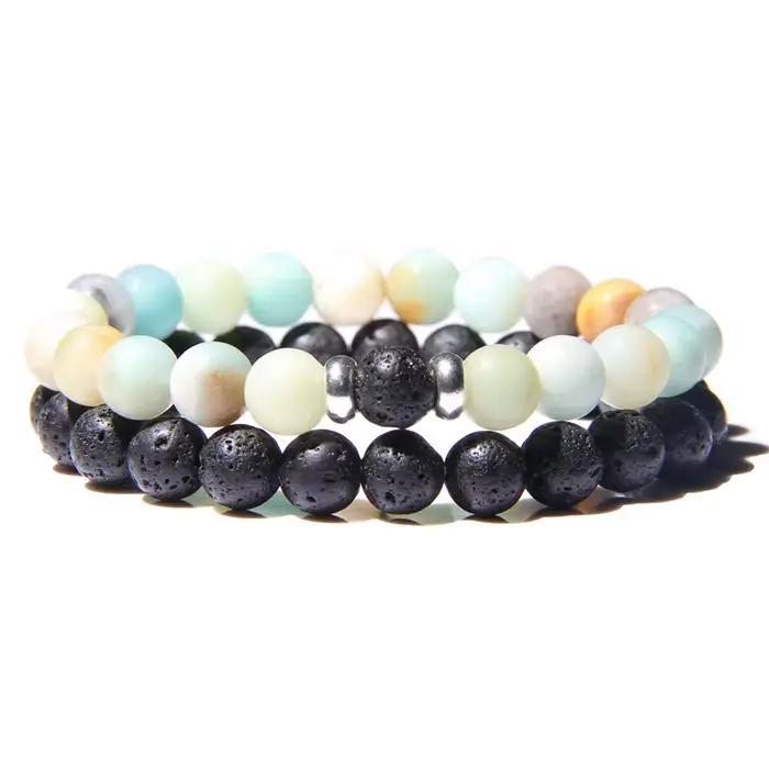 2 pièces/ensemble Couples Distance Bracelets mâle noir pierre de lave perles bracelet femme bois perles bracelets porte-bonheur femmes hommes Bracelets