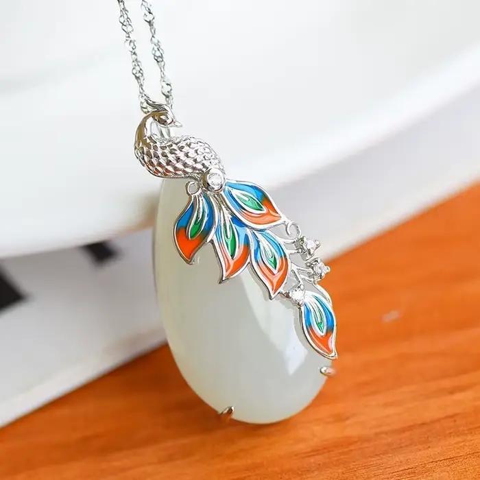 Collier classique en porcelaine émaillée incrustée de Zircon naturel Hetian Jade ovale, bijoux de lu