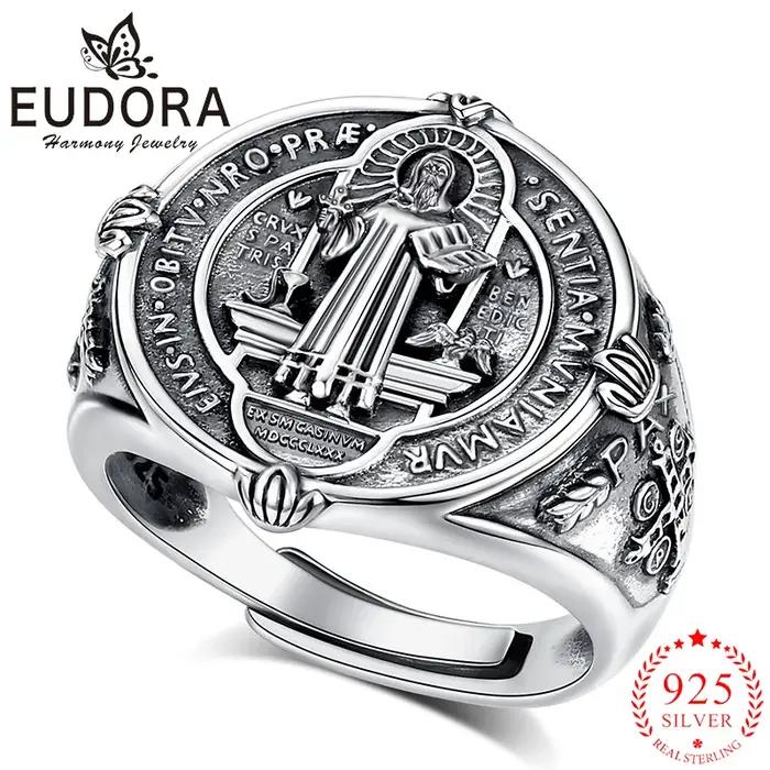 Eudora 925 bague en argent Sterling Saint benoît bague réglable médaille San Benito bijoux catholiqu