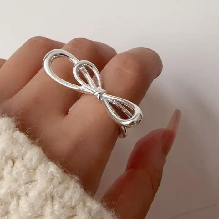 Bagues en argent Sterling 925 pour femmes, faites à la main, réglables, simples, en forme de grand nœud, à la mode, Bijoux, cadeau