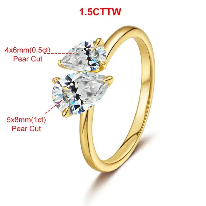 Bague en diamant Moissanite Double poire pour femmes, 1.5cttw, deux pierres Toi Et Moi, bandes de ma