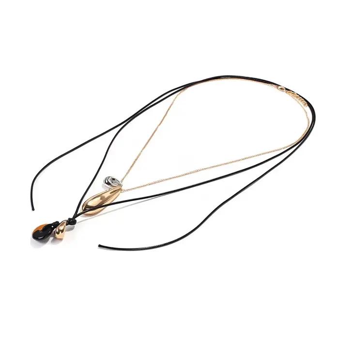 Collier pendentif goutte d'eau ZAA vintage 2 pièces/ensemble avec longue corde en cuir et chaînes métalliques pour femme