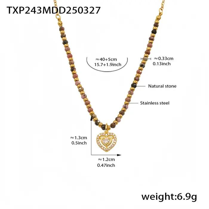 Collier et bracelet avec pendentif en forme de cœur en pierres naturelles pour femmes, plaqué or 18 carats, perles rondes en acier inoxydable, bijoux à breloques