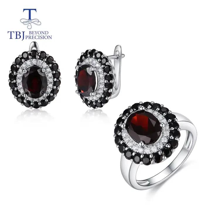 Ensemble de bague et boucles d'oreilles en argent sterling 925 sertie de grenat noir naturel pour femmes occasions spéciales et tenues quotidiennes