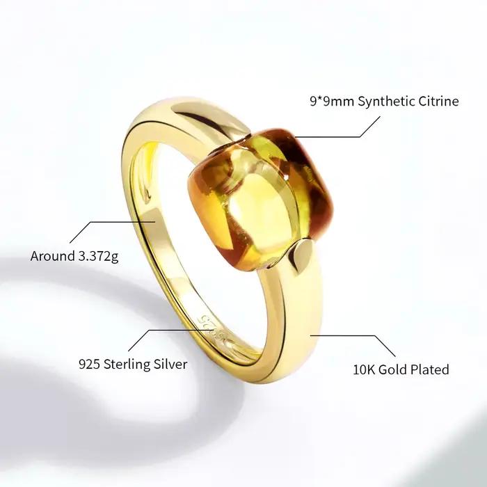 Bague carrée en argent Sterling 925 plaquée or 10K avec pierres précieuses incrustées pour femmes occasions spéciales cadeau de fête