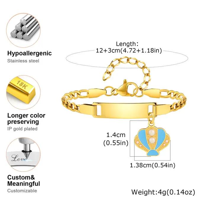 Bracelet d'Identification Personnalisé pour Enfants Acier Inoxydable Plaqués Or 18 Carats Pour Filles Occasions Spéciales Sécurité et Personnalisation