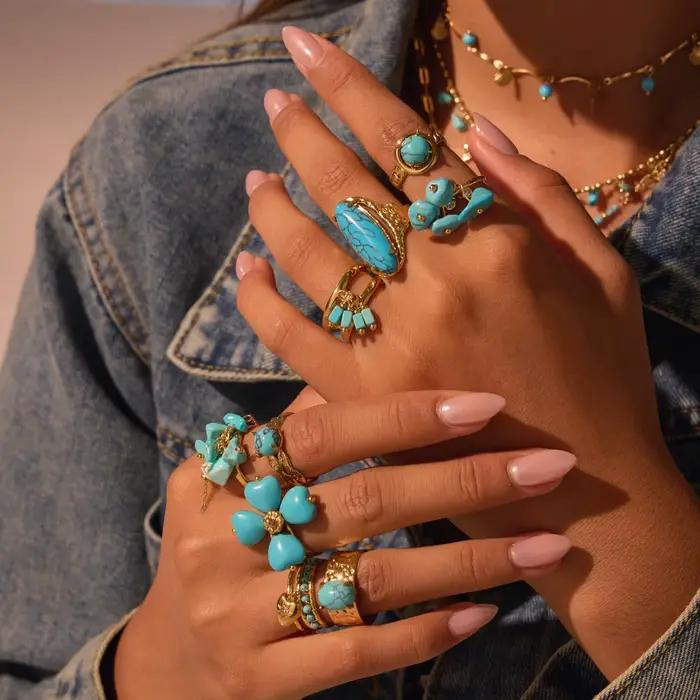 Bagues vintage bohèmes en verre turquoise pour femme, style vacances, bijoux quotidiens, décoration de fête, cadeaux