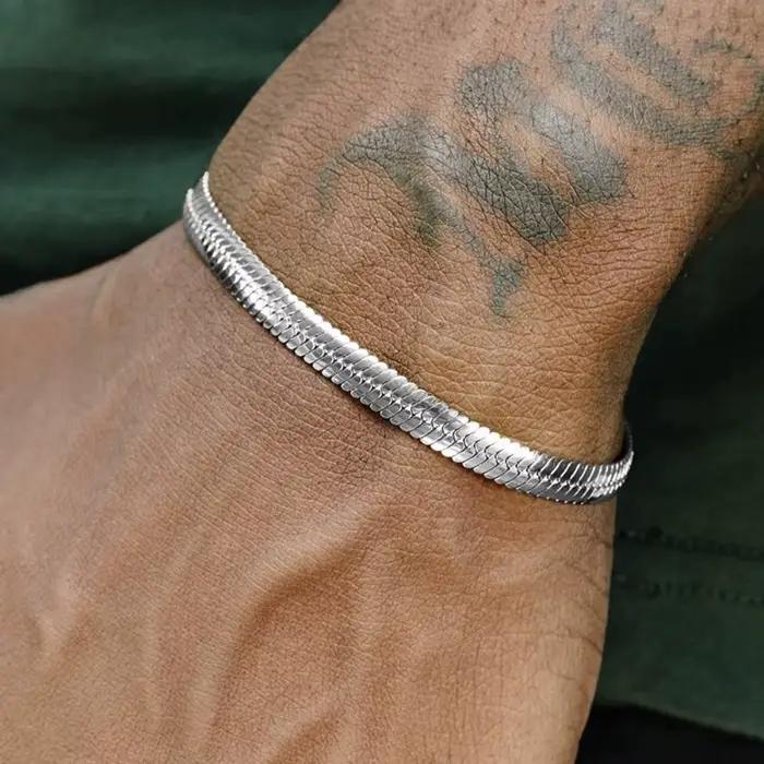 Bracelet à chaîne plate en argent sterling 925 de 4mm, simple, pour hommes, bijoux rétro, accessoire