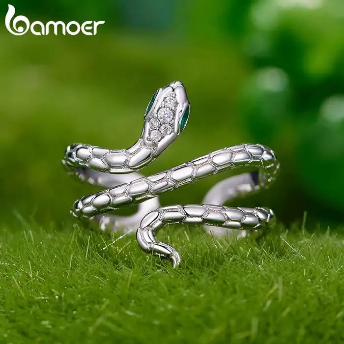 BAMOER bague serpent plaquée or blanc avec oeil émeraude CZ, bague de déclaration réglable pour les femmes bijoux de conception de serpent Unique YIR245