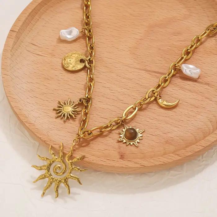 Jolivie – collier Vintage en acier inoxydable avec pendentif soleil en pierre naturelle pour femmes
