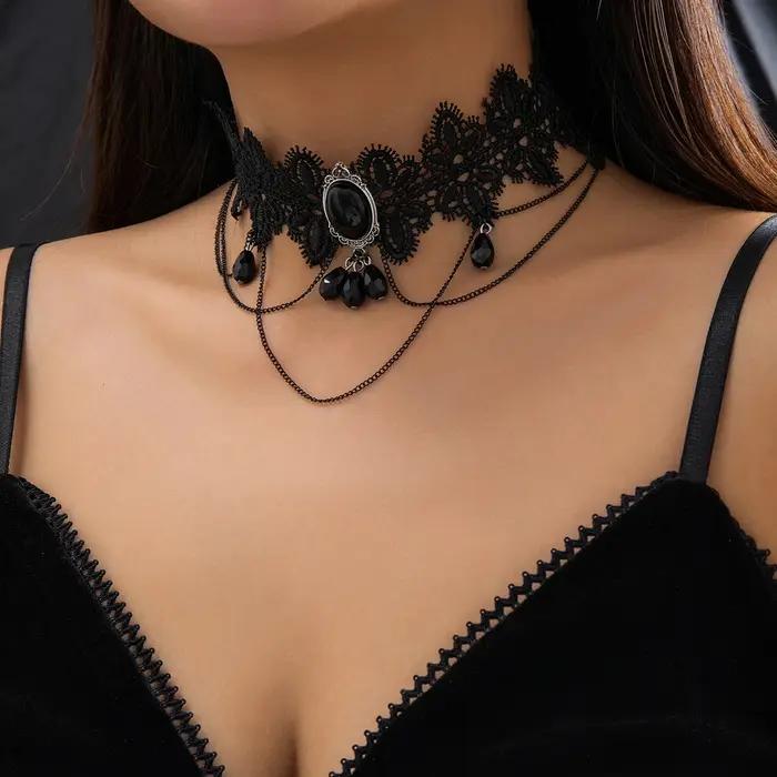 Lacteo gothique noir dentelle corde chaîne collier perles de cristal géométrique charme Sautoirs