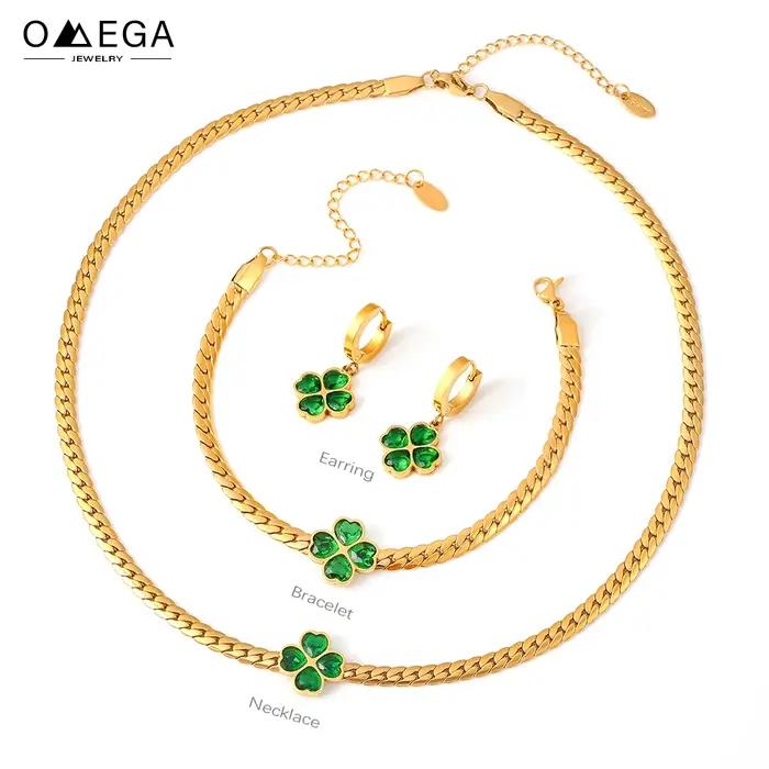 Trèfle vert boucle d'oreille Bracelet collier pour femmes en acier inoxydable plaqué or 18 carats