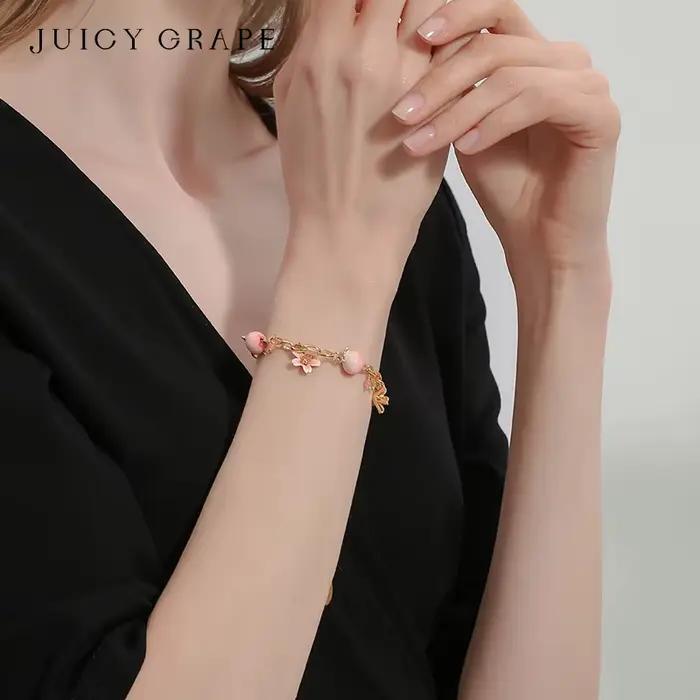 JUICY GRAPE-Bracelet Délicat pour Femme, Pêche à l'Eau et Fleurs, Bijoux Fins Réglables, Design en Émail Fait à la Main, Cadeau Parfait