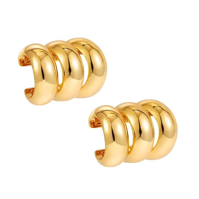 Manchette d'oreille plaquée or carillon pour femme, 3 couches, clip sans piercing, boucles d'oreille