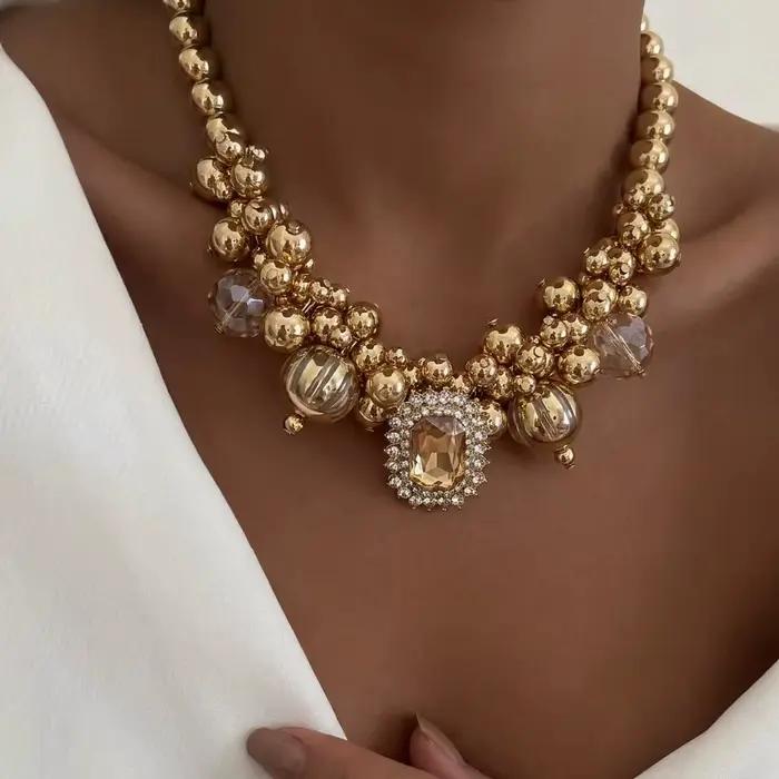 Ensemble de bijoux vintage de luxe pour femmes, plaqué or, perles CCB, strass brillants, pendentif géométrique, collier ras du cou, boucles d'oreilles, cadeau de mariage