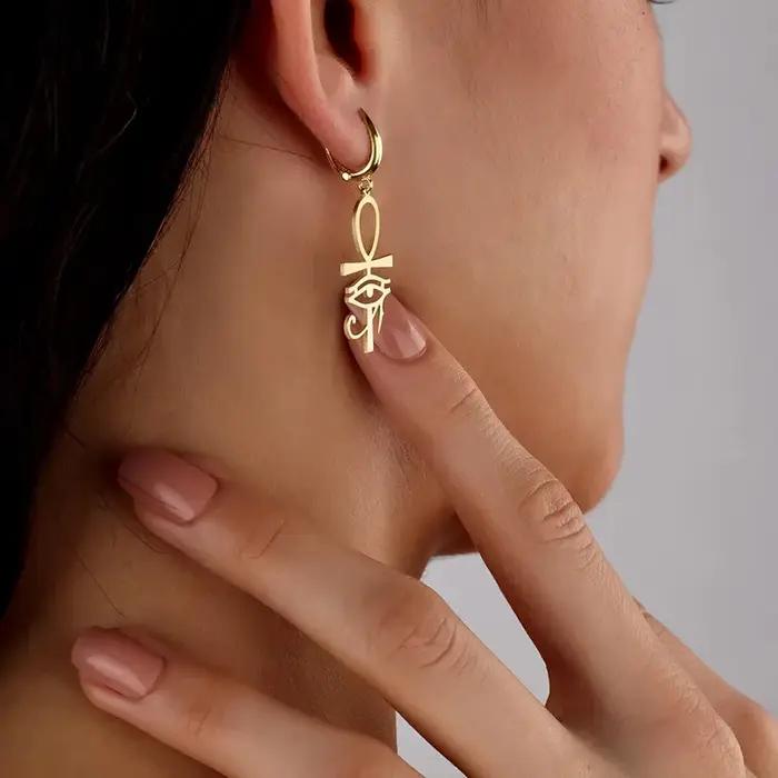 Boucles d'oreilles œil d'horus Ankh plaquées or pour femmes