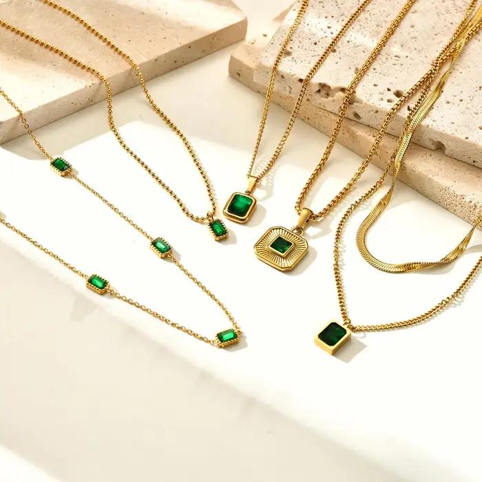 Collier pendentif zircon vert rétro pour femme luxe occasion spéciale cadeau anniversaire style moderne acier inoxydable plaqué or zirconium personnalisable