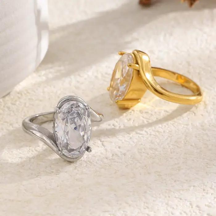 Bague ovale en acier inoxydable plaqué or avec cristal, grande bague solitaire pour femme, bijoux de mode