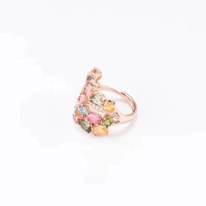 Ensemble de bracelet et bague en zircon multicolores de couleur or rose luxueux pour femmes et fille