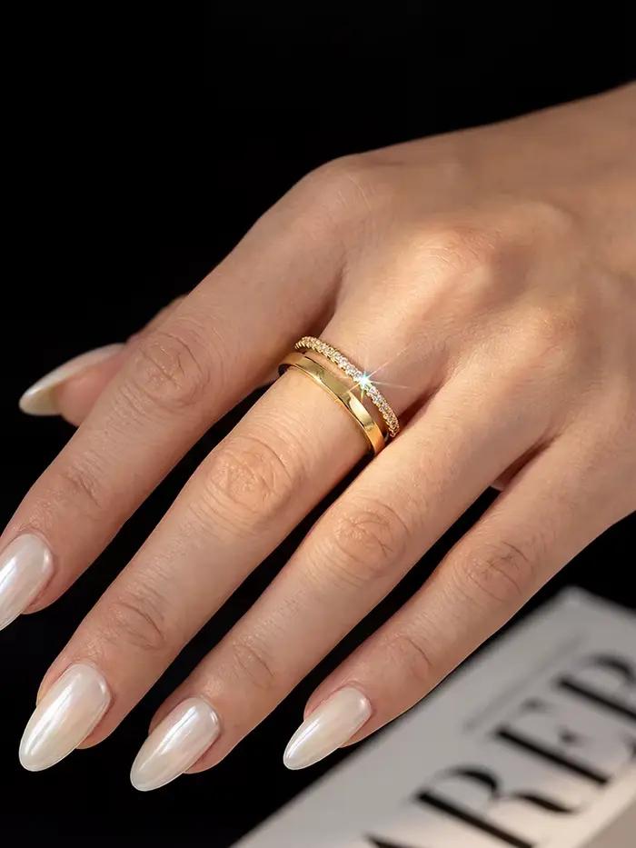 Bague ronde à double couche en diamant Moissanite véritable pour femmes