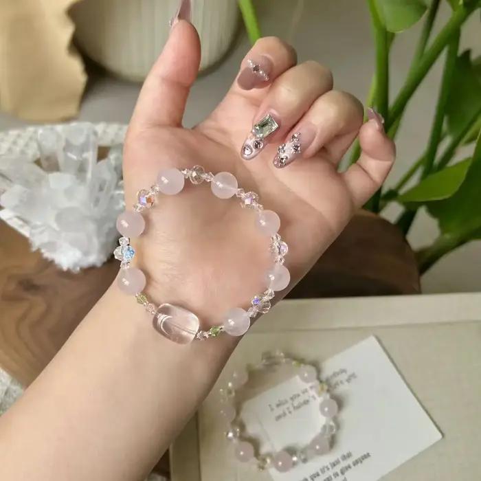 Bracelet en quartz rose naturel/quartz clair à brin unique pour femmes